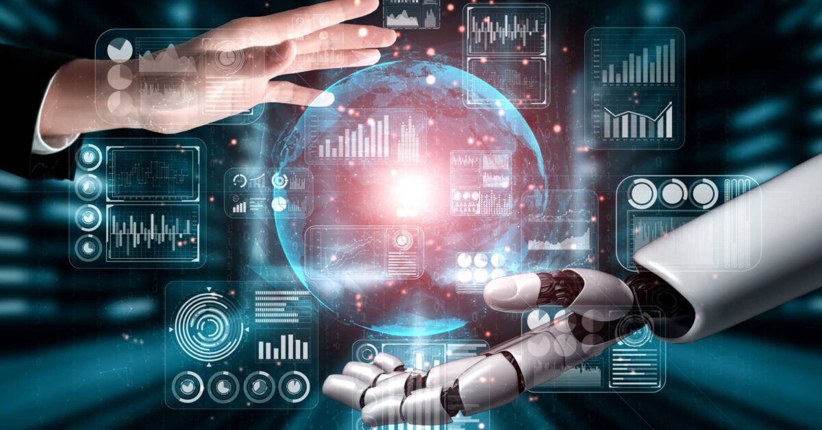 human hand and robot hand holding hologram