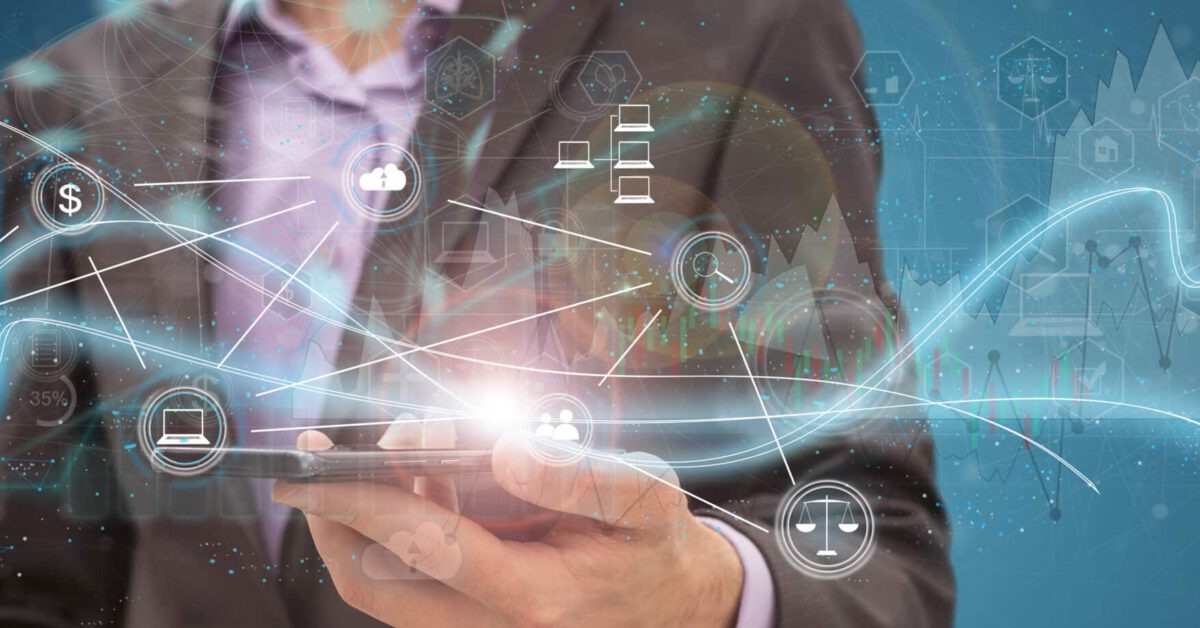 man on a phone with hologram