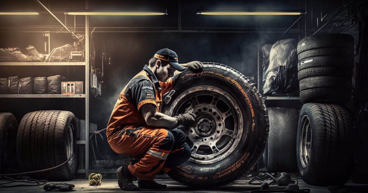 man leaning next to a tire