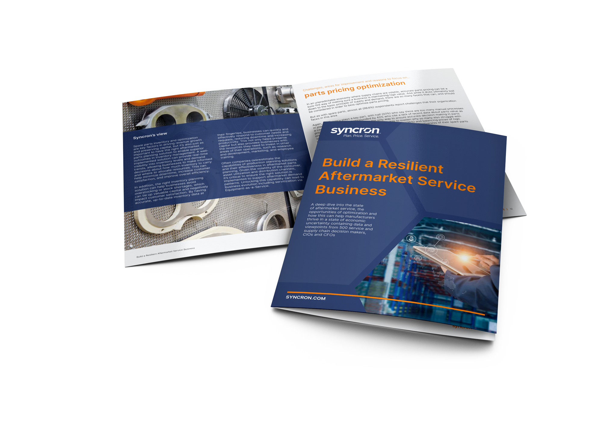 3D mockup of an ebook titled Build a resilient aftermarket service business by Syncron and Vanson Bourne