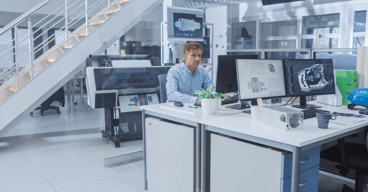 Man working at desk in an office with parts on computer screens