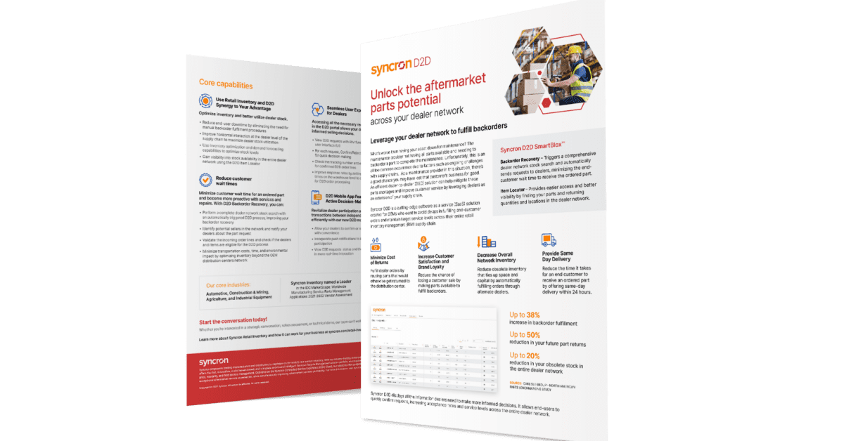 3D mockup of Syncron dealer to dealer product sheet