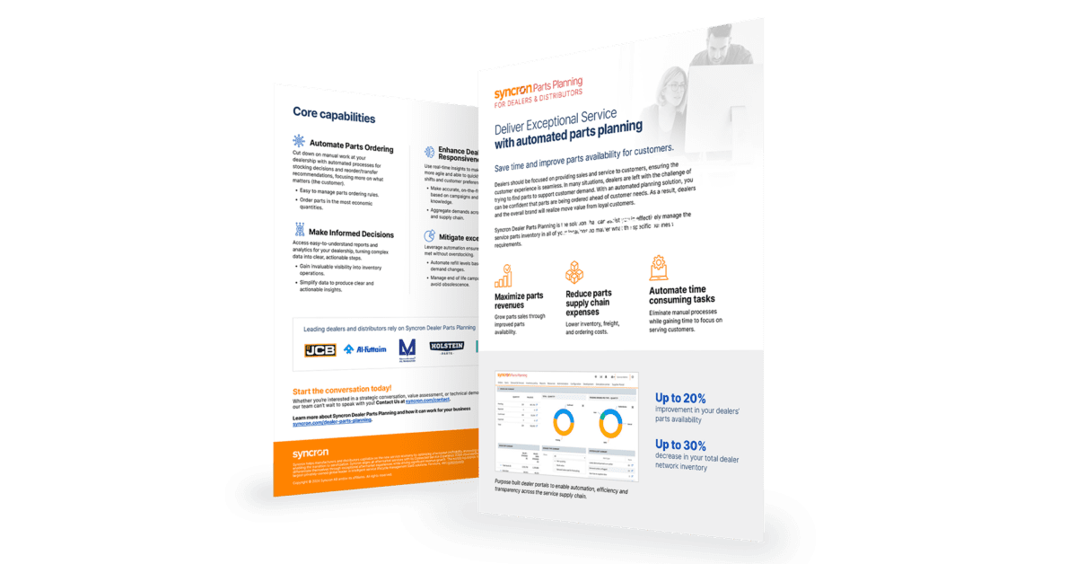 3D mockup of a Syncron Parts Planning for dealers and distributors product sheet