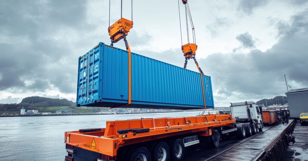 A blue shipping container being lifted by a crane at a busy port.